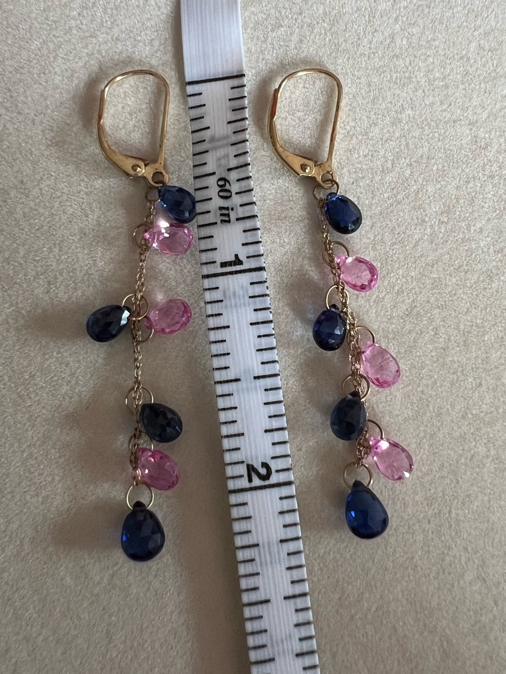 Vintage 10k Solid Gold Pink & Blue Sapphire Briolette Necklace and Earrings Set - Picture 14 of 14